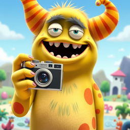 A large, whimsical and imaginative monster holding a camera, ready to take a picture