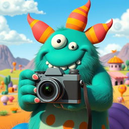 A large, whimsical and imaginative monster holding a camera, ready to take a picture