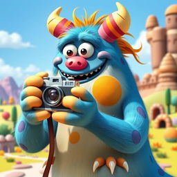 A large, whimsical and imaginative monster holding a camera, ready to take a picture