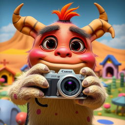 A large, whimsical and imaginative monster holding a camera, ready to take a picture