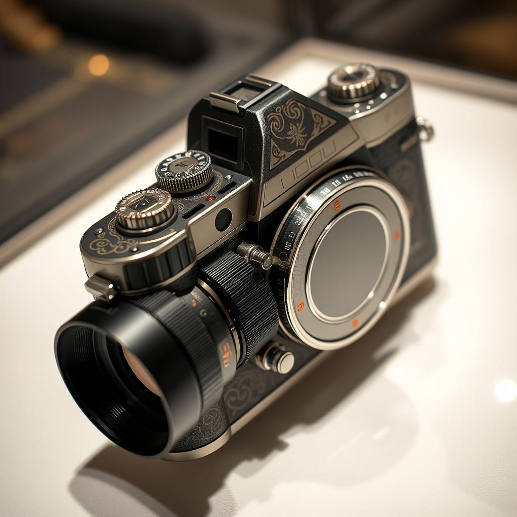 A designer camera with a unique and artistic appearance, featuring intricate patterns and luxurious materials