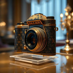 A designer camera with a unique and artistic appearance, featuring intricate patterns and luxurious materials