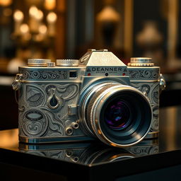 A designer camera with a unique and artistic appearance, featuring intricate patterns and luxurious materials