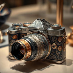 A designer camera with a unique and artistic appearance, featuring intricate patterns and luxurious materials