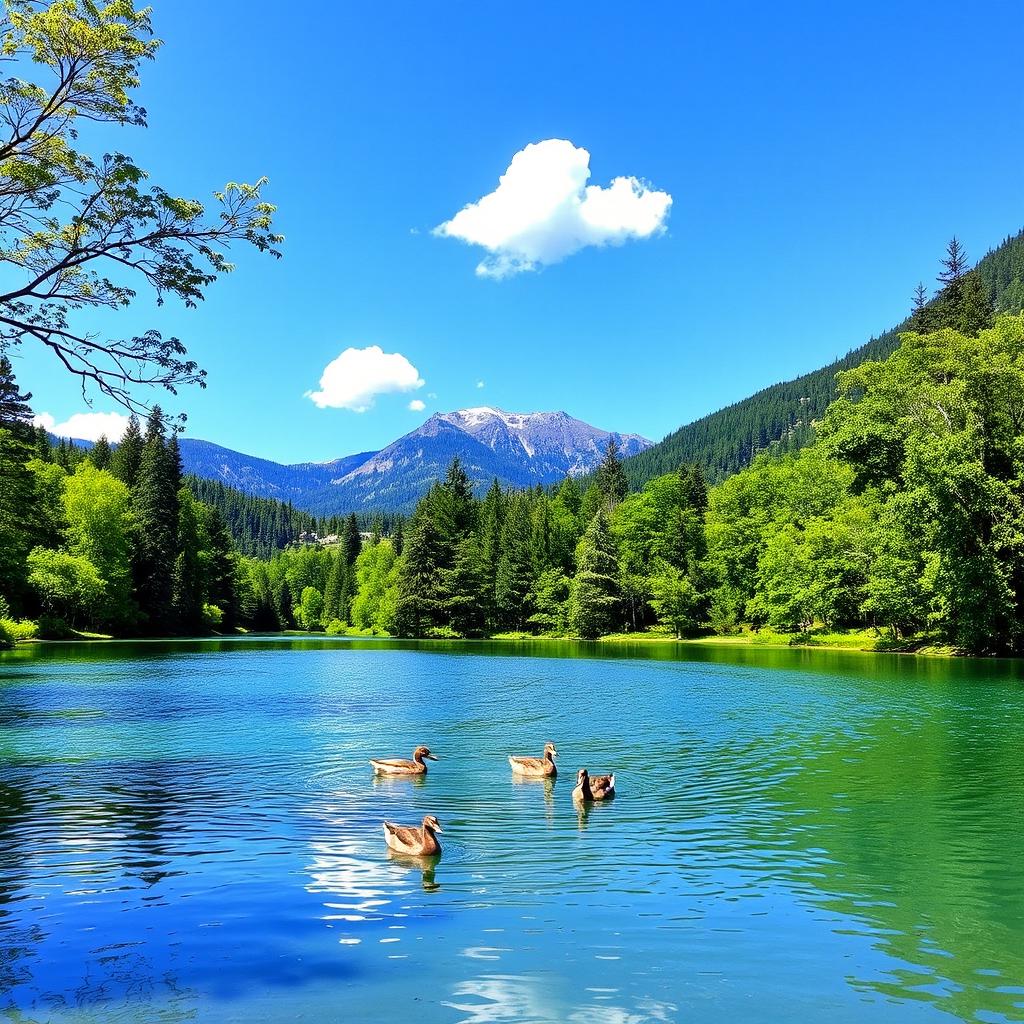 A serene landscape featuring a clear blue lake surrounded by lush green trees and mountains in the background