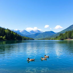 A serene landscape featuring a clear blue lake surrounded by lush green trees and mountains in the background