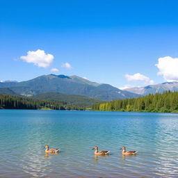 A serene landscape featuring a clear blue lake surrounded by lush green trees and mountains in the background