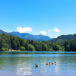 A serene landscape featuring a clear blue lake surrounded by lush green trees and mountains in the background