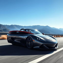 A sleek and modern roadster car driving down a scenic highway with mountains in the background under a clear blue sky