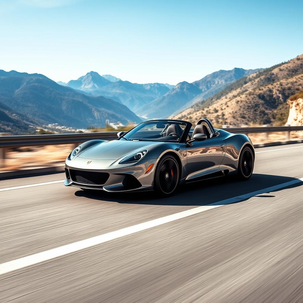 A sleek and modern roadster car driving down a scenic highway with mountains in the background under a clear blue sky