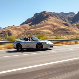 A sleek and modern roadster car driving down a scenic highway with mountains in the background under a clear blue sky