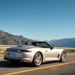 A sleek and modern roadster car driving down a scenic highway with mountains in the background under a clear blue sky