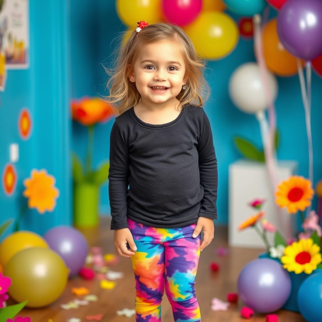 A young girl wearing colorful leggings, standing in a cheerful and vibrant environment