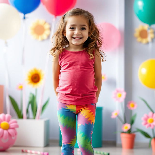 A young girl wearing colorful leggings, standing in a cheerful and vibrant environment