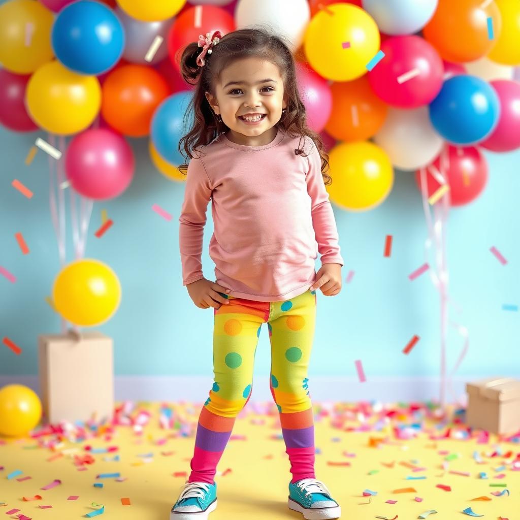 A young girl wearing colorful leggings, standing in a cheerful pose