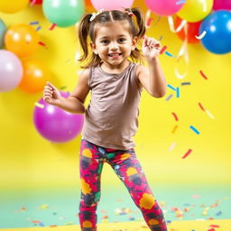 A young girl wearing colorful leggings, standing in a cheerful pose