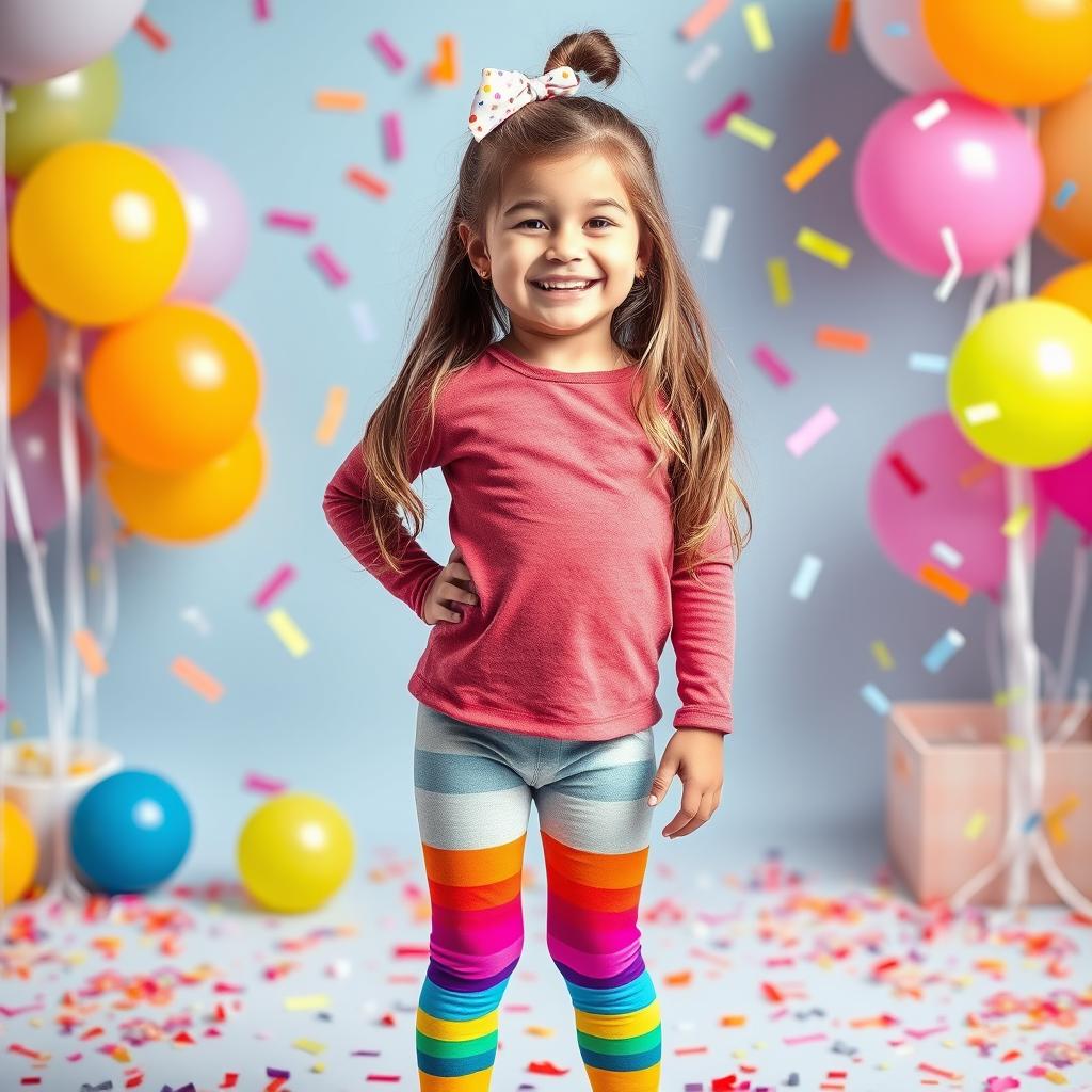 A young girl wearing colorful leggings, standing in a cheerful pose