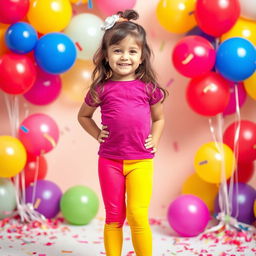 A young girl wearing colorful leggings, standing in a cheerful pose