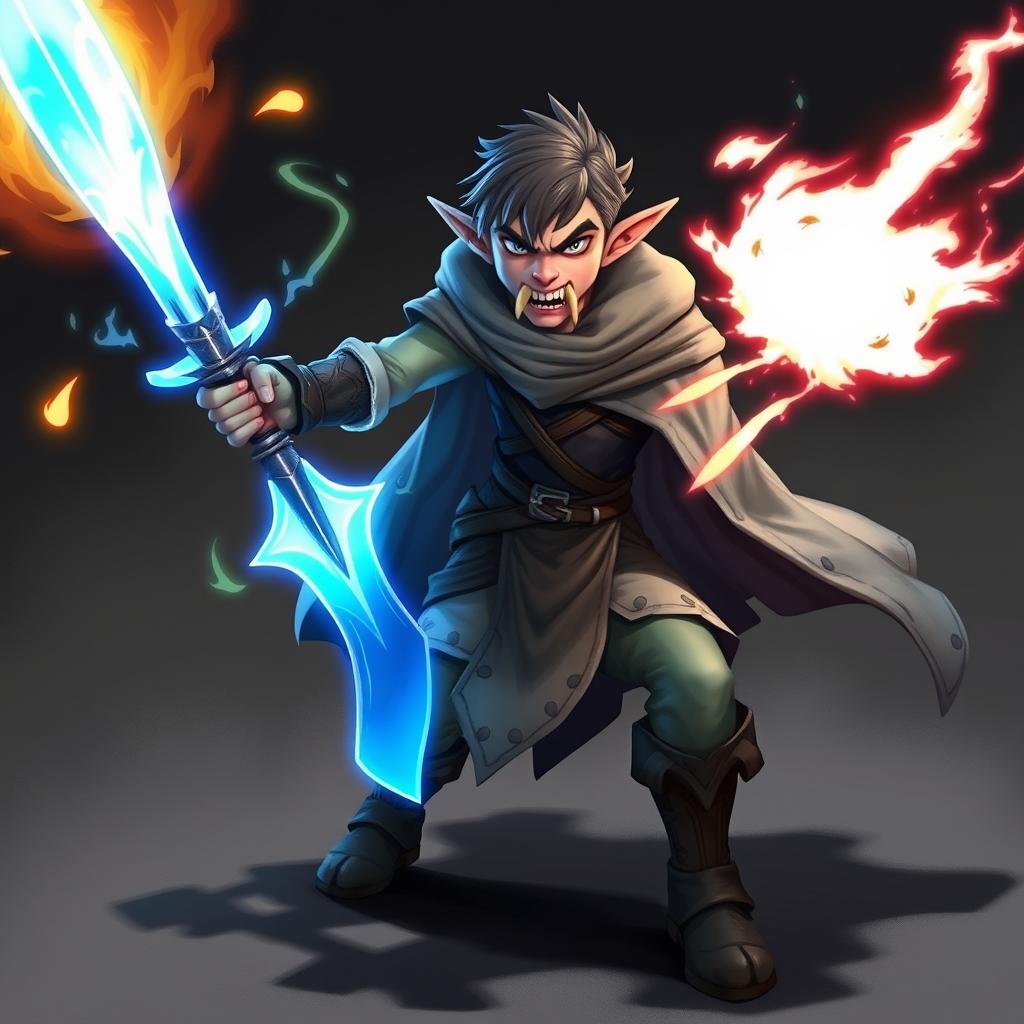 A half-elf character wielding a glowing blue sword with large saber teeth protruding from his mouth