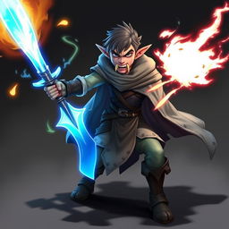 A half-elf character wielding a glowing blue sword with large saber teeth protruding from his mouth