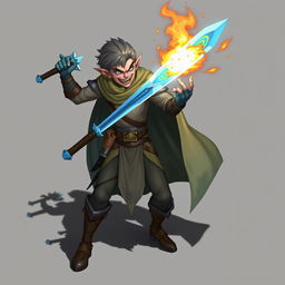 A half-elf character wielding a glowing blue sword with large saber teeth protruding from his mouth