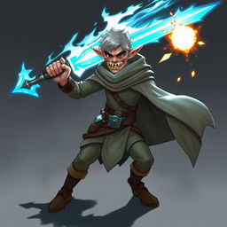 A half-elf character wielding a glowing blue sword with large saber teeth protruding from his mouth