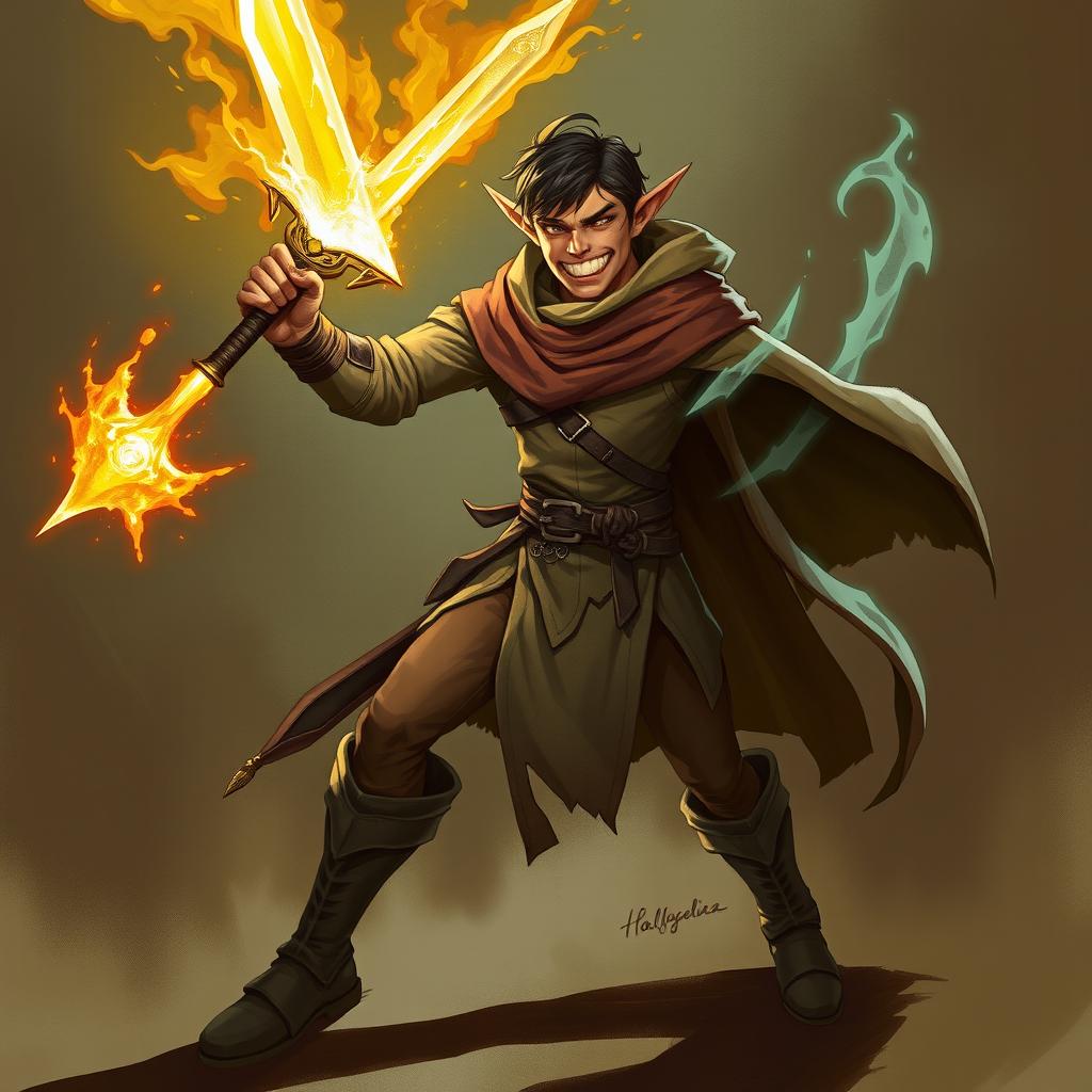 A half-elf character wielding a glowing sword with large saber teeth protruding from his mouth