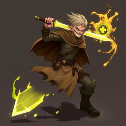 A half-elf character wielding a glowing sword with large saber teeth protruding from his mouth