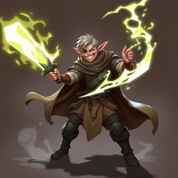 A half-elf character wielding a glowing sword with large saber teeth protruding from his mouth