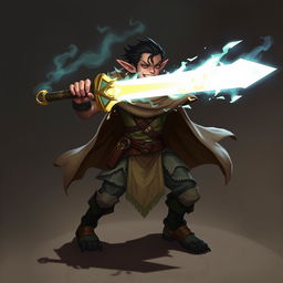 A half-elf character wielding a glowing sword with large saber teeth protruding from his mouth