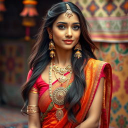 A beautiful Indian woman with traditional attire, featuring intricate jewelry and a vibrant sari