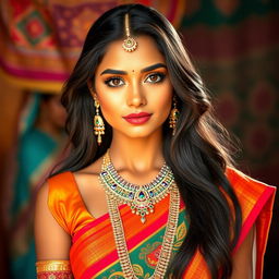 A beautiful Indian woman with traditional attire, featuring intricate jewelry and a vibrant sari