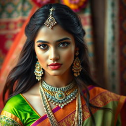 A beautiful Indian woman with traditional attire, featuring intricate jewelry and a vibrant sari