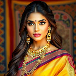 A beautiful Indian woman with traditional attire, featuring intricate jewelry and a vibrant sari