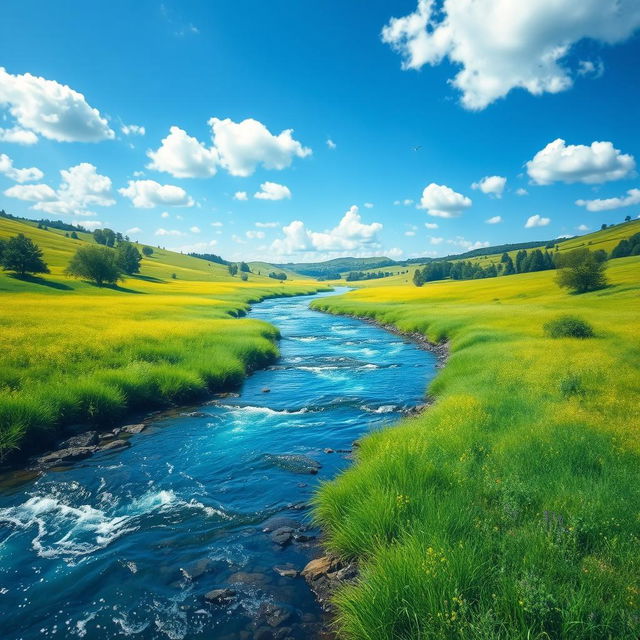 A vibrant and colorful landscape with a clear blue sky, lush green meadows, and a sparkling river flowing through the scene