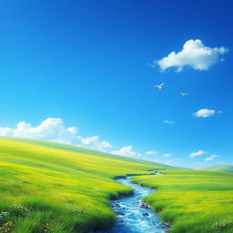 A vibrant and colorful landscape with a clear blue sky, lush green meadows, and a sparkling river flowing through the scene