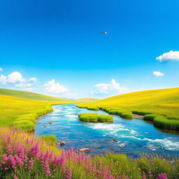 A vibrant and colorful landscape with a clear blue sky, lush green meadows, and a sparkling river flowing through the scene