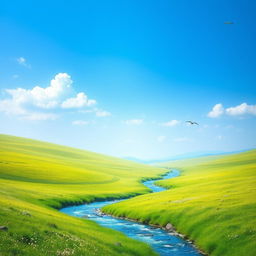 A vibrant and colorful landscape with a clear blue sky, lush green meadows, and a sparkling river flowing through the scene