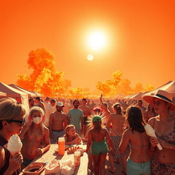 An image depicting a hot scene, possibly with a blazing sun, high temperatures, and people trying to cool off