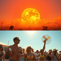 An image depicting a hot scene, possibly with a blazing sun, high temperatures, and people trying to cool off