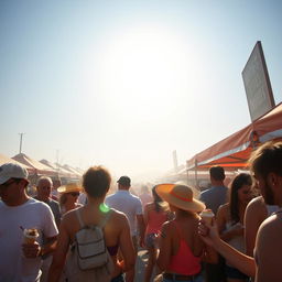 An image depicting a hot scene, possibly with a blazing sun, high temperatures, and people trying to cool off