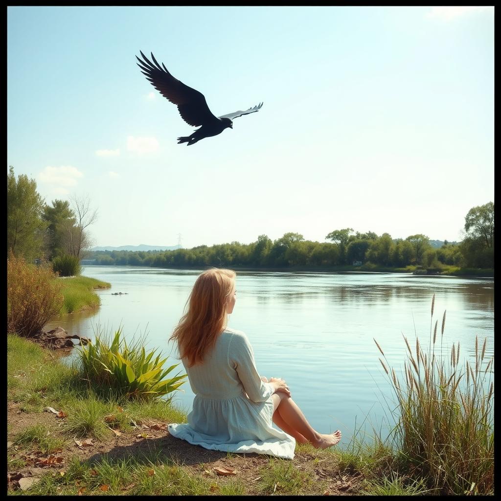 A serene scene featuring a blond woman sitting on the river bank, looking at a winged black-haired man flying far and high in the sky