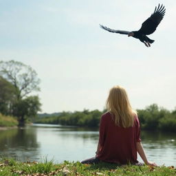 A serene scene featuring a blond woman sitting on the river bank, looking at a winged black-haired man flying far and high in the sky