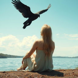 A serene scene featuring a blond woman sitting on the river bank, looking at a winged black-haired man flying far and high in the sky