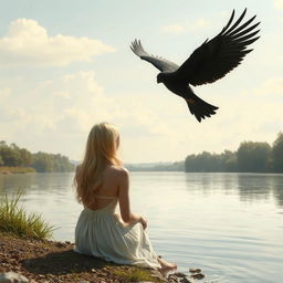 A serene scene featuring a blond woman sitting on the river bank, looking at a winged black-haired man flying far and high in the sky