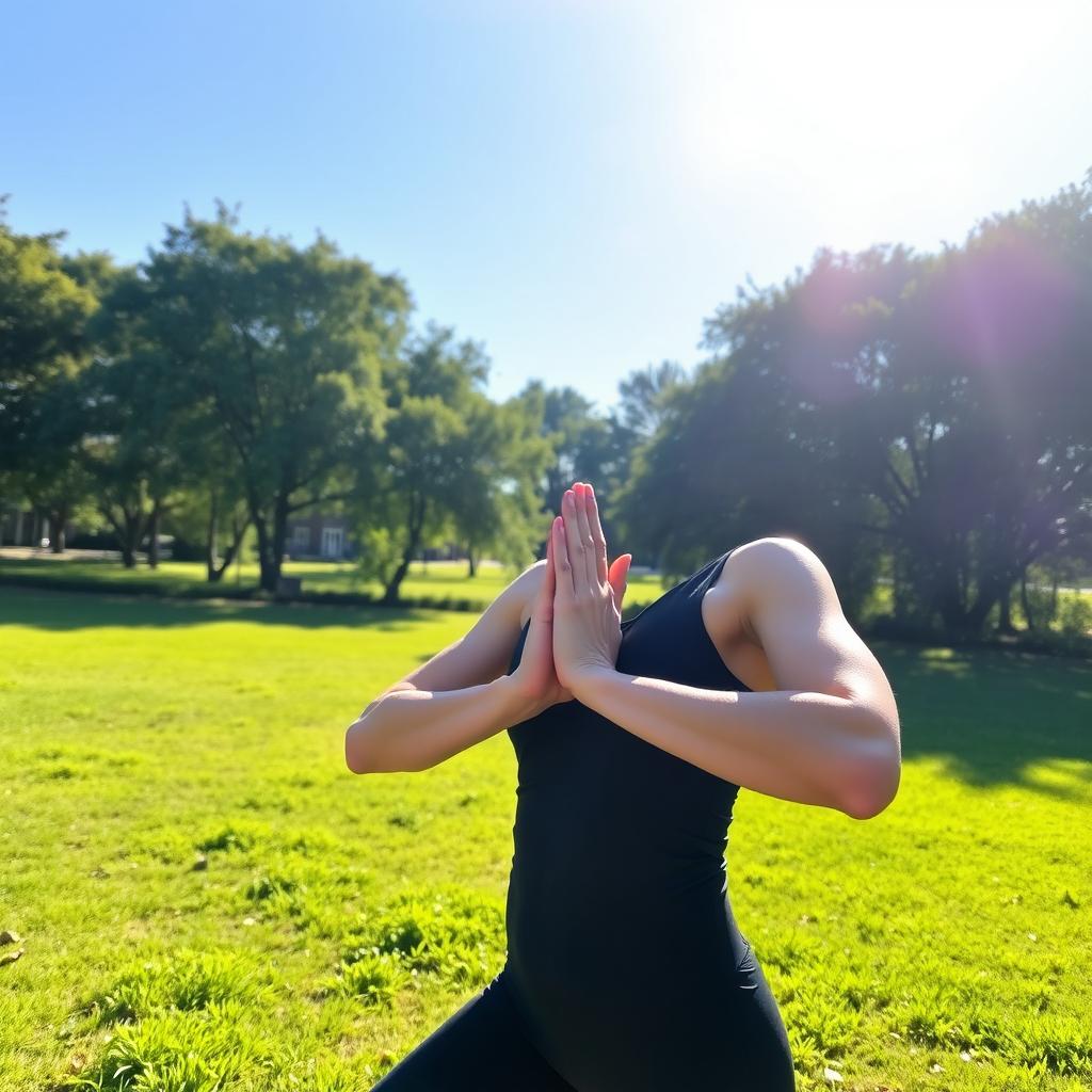 A serene scene of a person practicing yoga in a peaceful outdoor setting, surrounded by nature