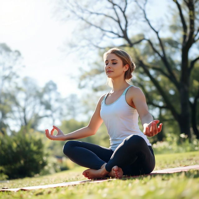 A serene scene of a person practicing yoga in a peaceful outdoor setting, surrounded by nature