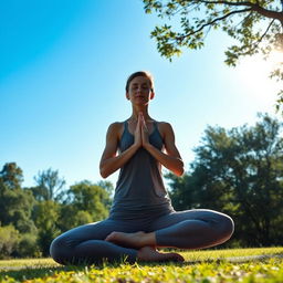 A serene scene of a person practicing yoga in a peaceful outdoor setting, surrounded by nature