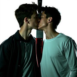 Create an image of two teen boys kissing in front of a knife silhouette