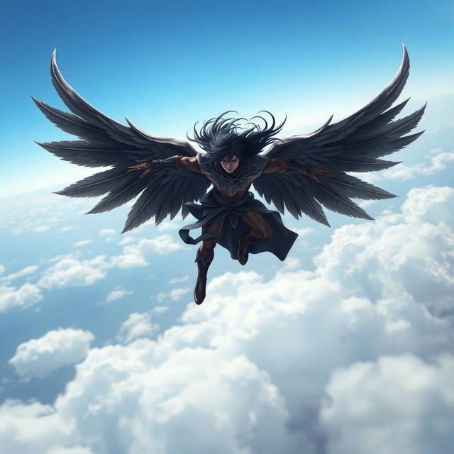 A winged black-haired man flying far and high in the sky, reminiscent of the MMORPG Aion